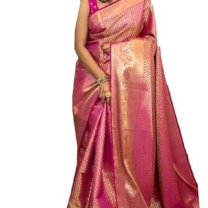 AXONIT Women's Banarasi Silk Saree with Golden Zari Weaving & Border with Unstitched Blouse Piece