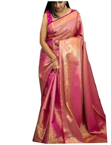 AXONIT Women's Banarasi Silk Saree with Golden Zari Weaving & Border with Unstitched Blouse Piece