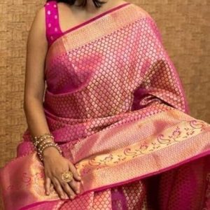 AXONIT Women's Banarasi Silk Saree with Golden Zari Weaving & Border with Unstitched Blouse Piece
