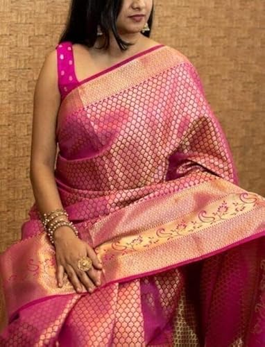 AXONIT Women's Banarasi Silk Saree with Golden Zari Weaving & Border with Unstitched Blouse Piece