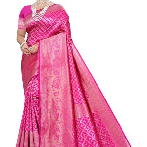 AXONIT Women's Banarasi Silk Saree with Golden Zari Weaving & Border with Unstitched Blouse Piece