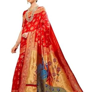 AXONIT Women’s Premium Jacquard Silk Saree with Handcrafted Peacock Design with Unstitched Blouse Piece – Red