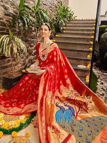 AXONIT Women's Premium Jacquard Silk Saree with Handcrafted Peacock Design with Unstitched Blouse Piece - Red