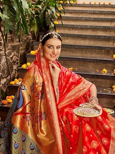 AXONIT Women's Premium Jacquard Silk Saree with Handcrafted Peacock Design with Unstitched Blouse Piece - Red