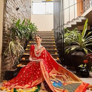 AXONIT Women's Premium Jacquard Silk Saree with Handcrafted Peacock Design with Unstitched Blouse Piece - Red