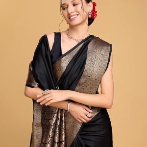 AXONIT Women's Premium Jacquard Silk Saree with Antique Gold Zari Border & Pallu weave & Unstitched Blouse Piece