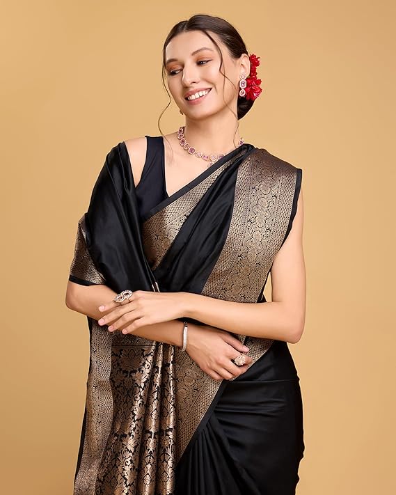 AXONIT Women's Premium Jacquard Silk Saree with Antique Gold Zari Border & Pallu weave & Unstitched Blouse Piece