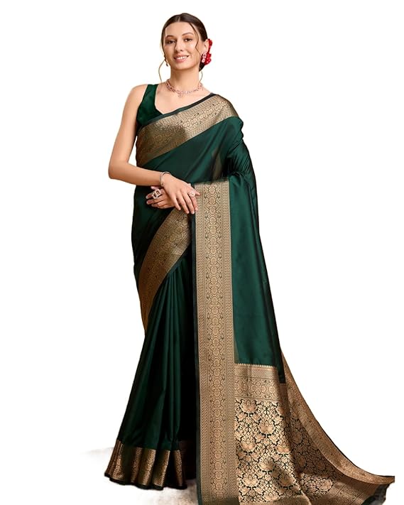 AXONIT Women's Premium Jacquard Silk Saree with Antique Gold Zari Border & Pallu weave & Unstitched Blouse Piece
