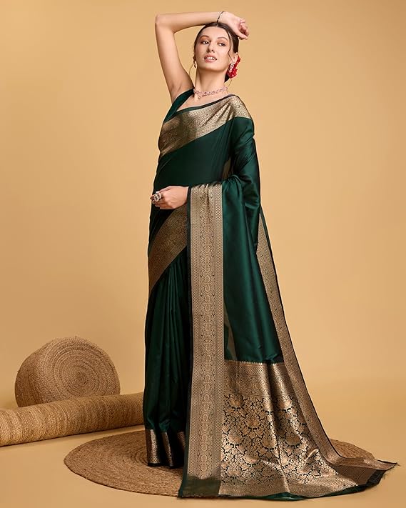 AXONIT Women's Premium Jacquard Silk Saree with Antique Gold Zari Border & Pallu weave & Unstitched Blouse Piece