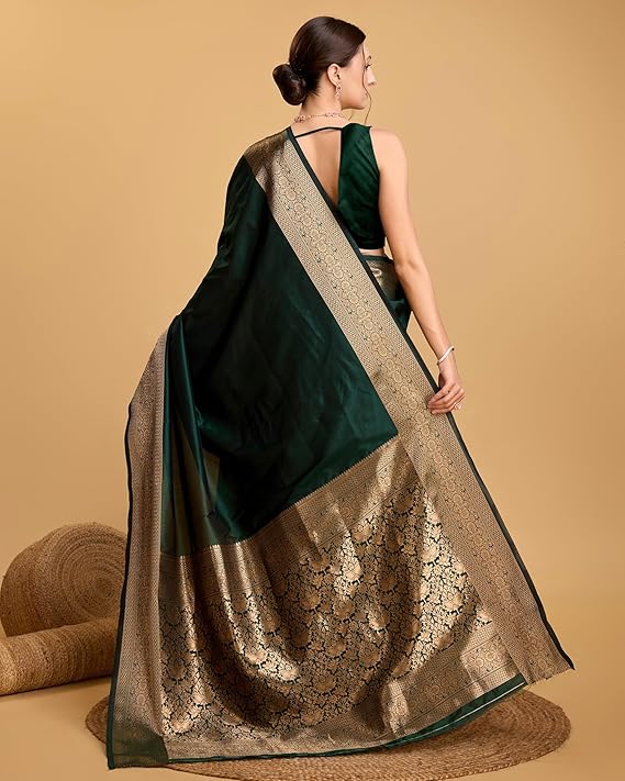 AXONIT Women's Premium Jacquard Silk Saree with Antique Gold Zari Border & Pallu weave & Unstitched Blouse Piece
