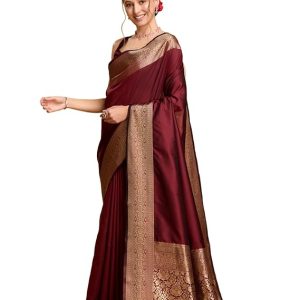 AXONIT Women's Premium Jacquard Silk Saree with Antique Gold Zari Border & Pallu weave & Unstitched Blouse Piece
