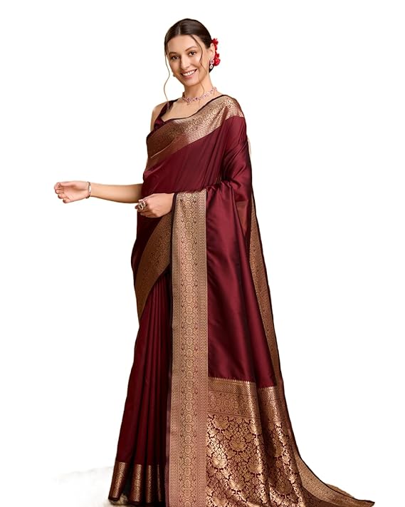 AXONIT Women's Premium Jacquard Silk Saree with Antique Gold Zari Border & Pallu weave & Unstitched Blouse Piece