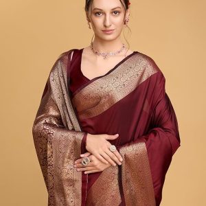 AXONIT Women's Premium Jacquard Silk Saree with Antique Gold Zari Border & Pallu weave & Unstitched Blouse Piece