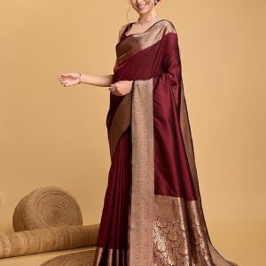 AXONIT Women's Premium Jacquard Silk Saree with Antique Gold Zari Border & Pallu weave & Unstitched Blouse Piece