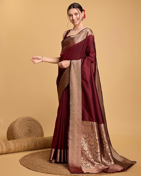 AXONIT Women's Premium Jacquard Silk Saree with Antique Gold Zari Border & Pallu weave & Unstitched Blouse Piece
