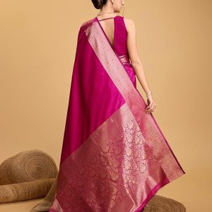 AXONIT Women's Premium Jacquard Silk Saree with Antique Gold Zari Border & Pallu weave & Unstitched Blouse Piece