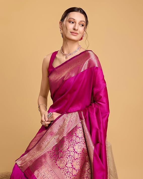 AXONIT Women's Premium Jacquard Silk Saree with Antique Gold Zari Border & Pallu weave & Unstitched Blouse Piece