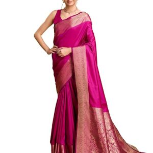 AXONIT Women's Premium Jacquard Silk Saree with Antique Gold Zari Border & Pallu weave & Unstitched Blouse Piece