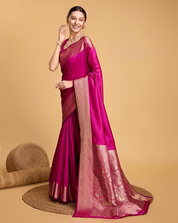 AXONIT Women's Premium Jacquard Silk Saree with Antique Gold Zari Border & Pallu weave & Unstitched Blouse Piece