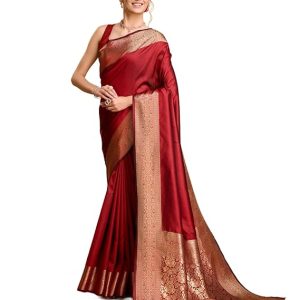 AXONIT Women's Premium Jacquard Silk Saree with Antique Gold Zari Border & Pallu weave & Unstitched Blouse Piece