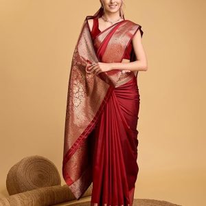AXONIT Women's Premium Jacquard Silk Saree with Antique Gold Zari Border & Pallu weave & Unstitched Blouse Piece