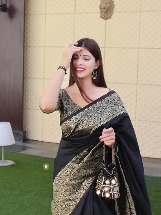 AXONIT Women's Premium Jacquard Silk Saree with Floral Brocade Border & Pallu Design with Unstitched Blouse Piece