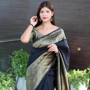 AXONIT Women's Premium Jacquard Silk Saree with Floral Brocade Border & Pallu Design with Unstitched Blouse Piece