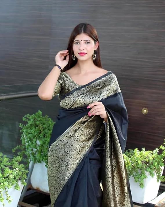 AXONIT Women's Premium Jacquard Silk Saree with Floral Brocade Border & Pallu Design with Unstitched Blouse Piece