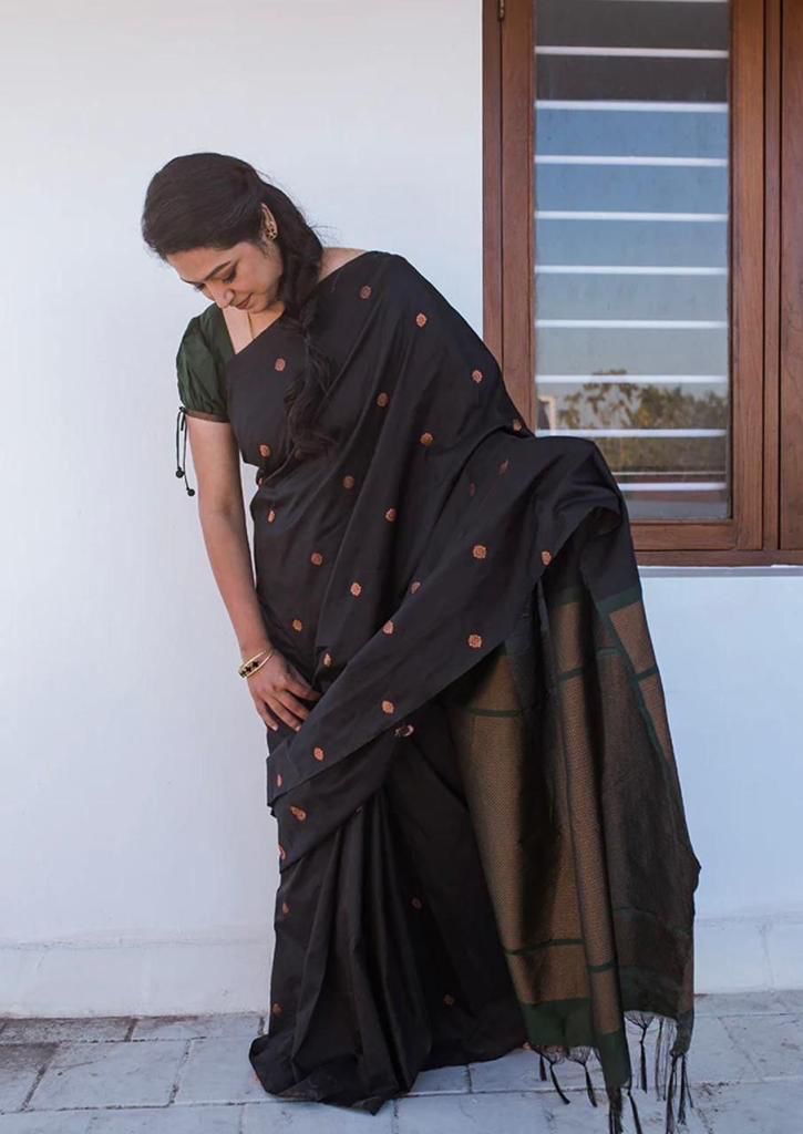 AXONIT Women's Soft Jacquard Heritage Silk Saree with Golden Zari Buti Work with Unstitched Blouse Piece - Bottle Green-Maroon