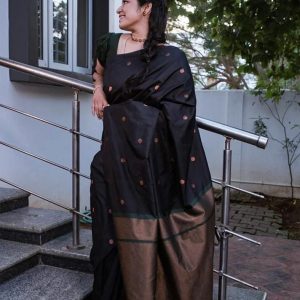 AXONIT Women's Soft Jacquard Heritage Silk Saree with Golden Zari Buti Work with Unstitched Blouse Piece - Bottle Green-Maroon