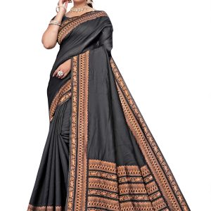 AXONIT Women’s Premium Banarasi Silk Saree with Copper Zari Weaving with Traditional Motifs & Copper Zari Border with Unstitched Blouse Piece – Black