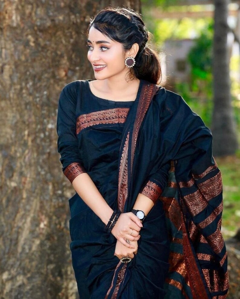 AXONIT Women's Premium Banarasi Silk Saree with Copper Zari Weaving with Traditional Motifs & Copper Zari Border with Unstitched Blouse Piece - Black