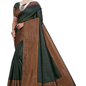 AXONIT Women’s Premium Soft Silk Saree with Copper Zari Floral Weaving & Copper Zari Border with Traditional Motifs with Unstitched Blouse Piece – Black