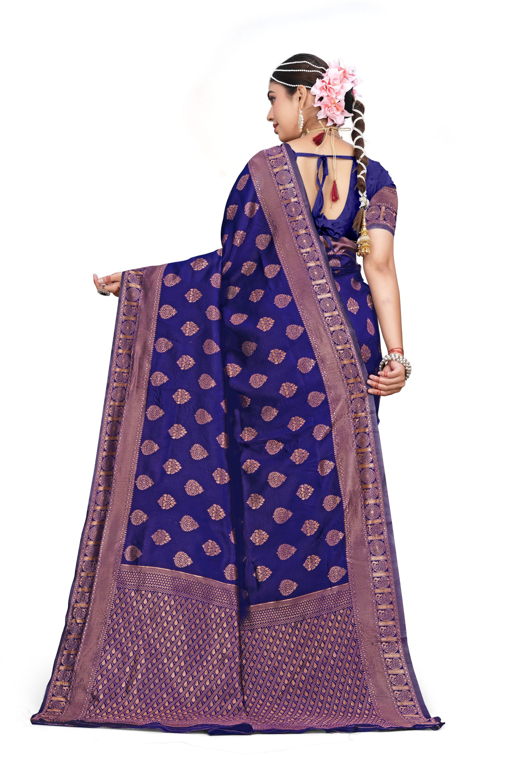 AXONIT Women's Premium Banarasi Silk Saree with Golden Zari Weaving with Butti Design & Golden Zari Border with Unstitched Blouse Piece - Navy Blue