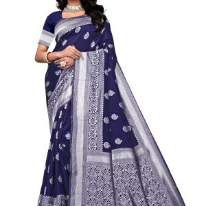 AXONIT Women’s Premium Banarasi Silk Saree with Silver Zari Butti Weaving with Silver Zari Floral Motifs Border with Unstitched Blouse Piece – Navy Blue