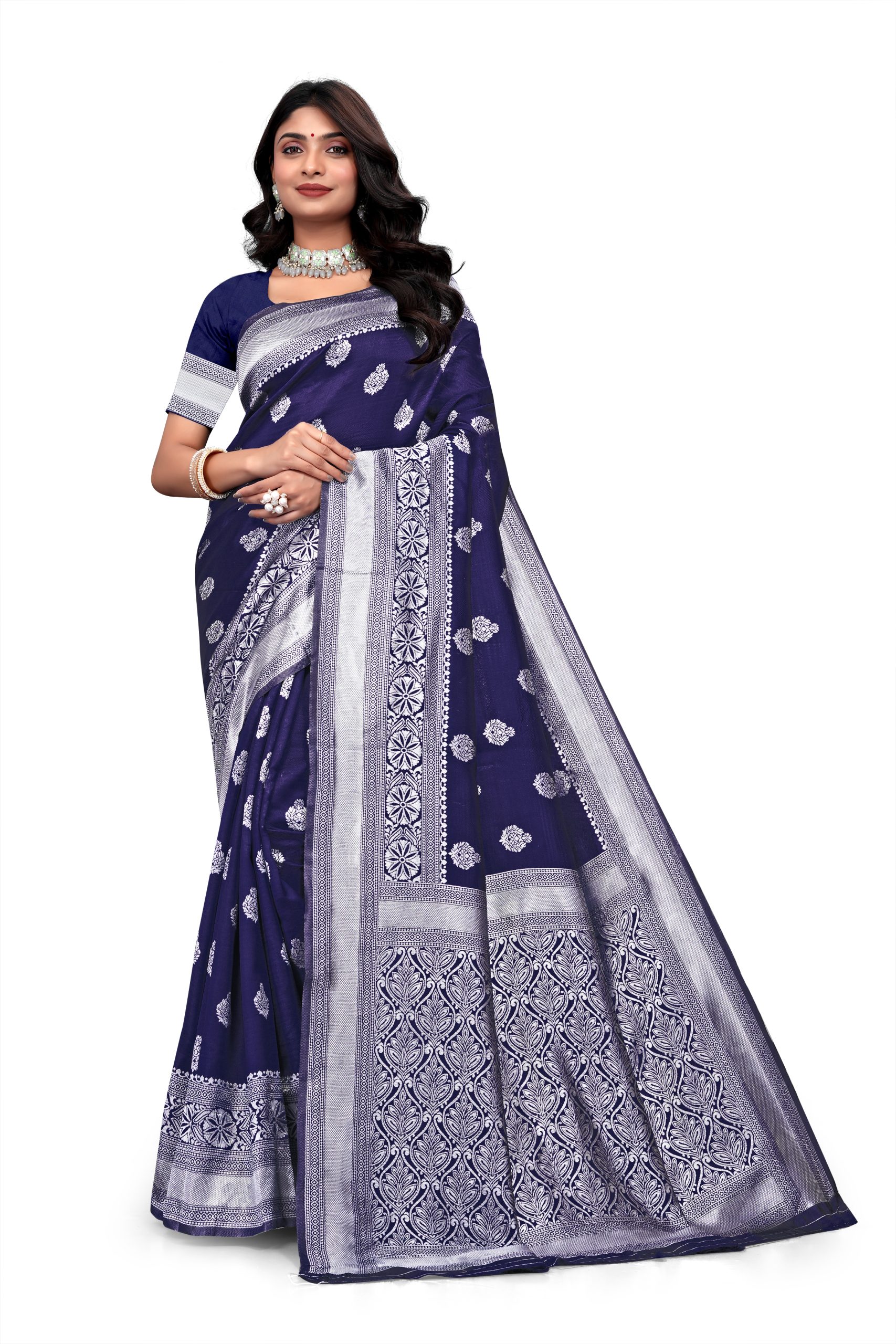 AXONIT Women's Premium Banarasi Silk Saree with Silver Zari Butti Weaving with Silver Zari Floral Motifs Border with Unstitched Blouse Piece - Navy Blue