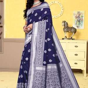 AXONIT Women's Premium Banarasi Silk Saree with Silver Zari Butti Weaving with Silver Zari Floral Motifs Border with Unstitched Blouse Piece - Navy Blue