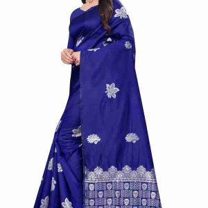 AXONIT Women's Premium Banarasi Silk Saree with Silver Paisley & Floral Patterns Weaving with Silver Zari Border with Unstitched Blouse Piece - Navy Blue