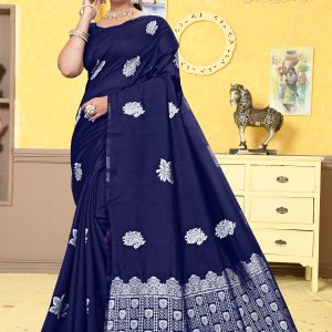 AXONIT Women's Premium Banarasi Silk Saree with Silver Paisley & Floral Patterns Weaving with Silver Zari Border with Unstitched Blouse Piece - Navy Blue