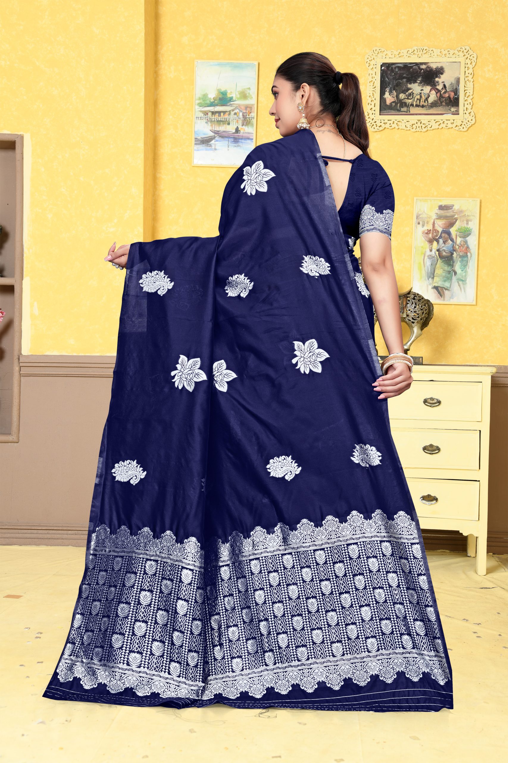 AXONIT Women's Premium Banarasi Silk Saree with Silver Paisley & Floral Patterns Weaving with Silver Zari Border with Unstitched Blouse Piece - Navy Blue