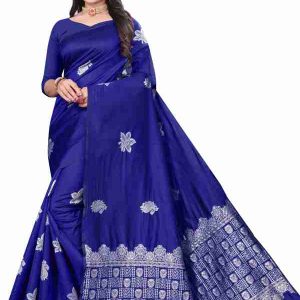AXONIT Women's Premium Banarasi Silk Saree with Silver Paisley & Floral Patterns Weaving with Silver Zari Border with Unstitched Blouse Piece - Navy Blue