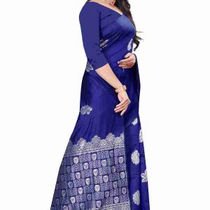 AXONIT Women's Premium Banarasi Silk Saree with Silver Paisley & Floral Patterns Weaving with Silver Zari Border with Unstitched Blouse Piece - Navy Blue