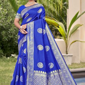 AXONIT Women's Premium Banarasi Silk Saree with Silver Zari Circular Butti Motifs with Silver Zari Border with Unstitched Blouse Piece - Navy Blue