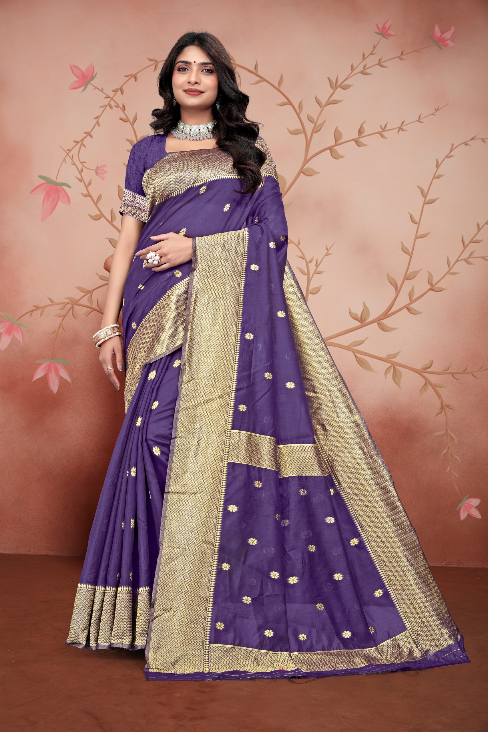 AXONIT Women's Premium Cotton Saree with Golden Zari Butti Weaving with Golden Zari Border with Unstitched Blouse Piece - Plum