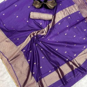 AXONIT Women's Premium Cotton Saree with Golden Zari Butti Weaving with Golden Zari Border with Unstitched Blouse Piece - Plum