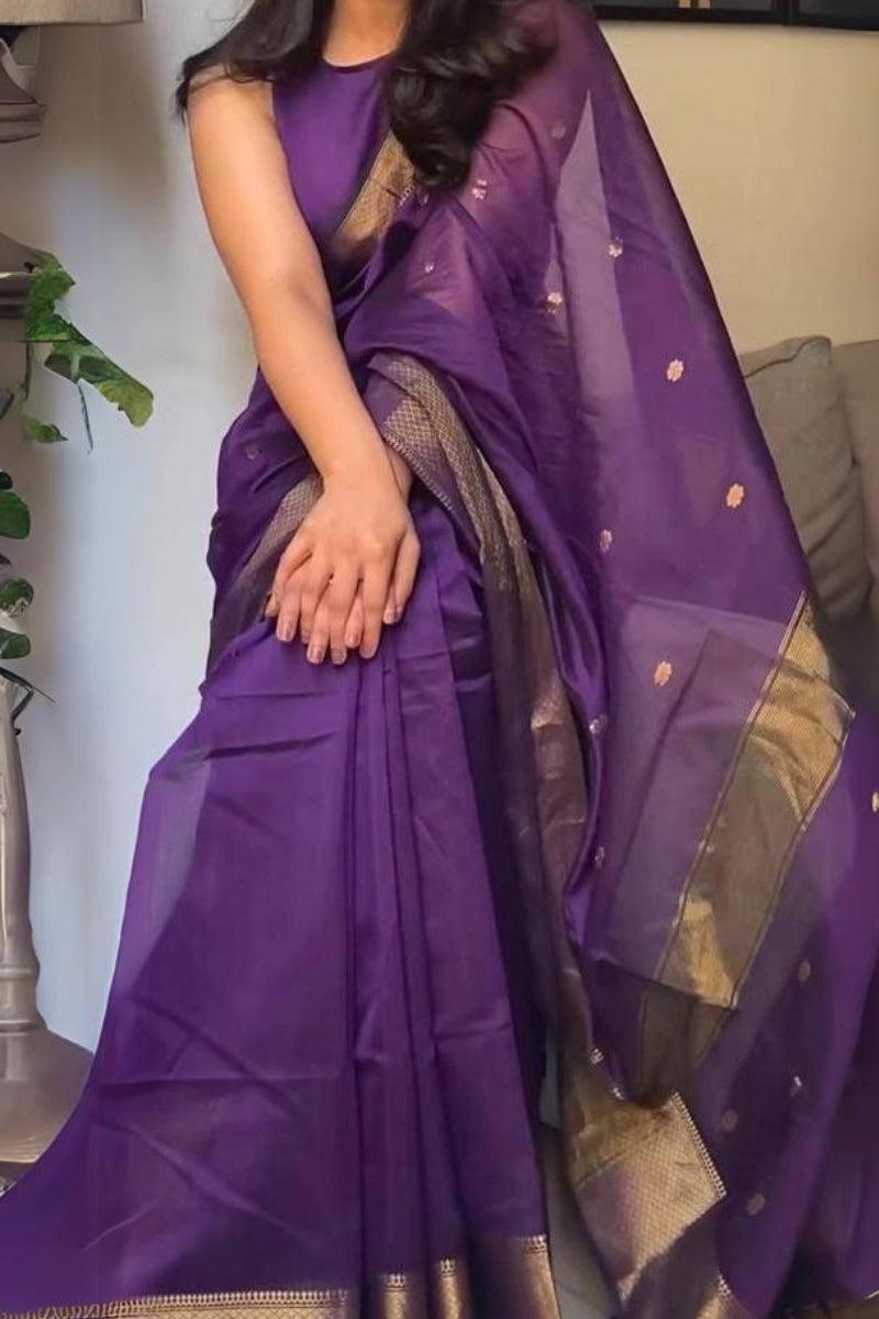 AXONIT Women's Premium Cotton Saree with Golden Zari Butti Weaving with Golden Zari Border with Unstitched Blouse Piece - Plum