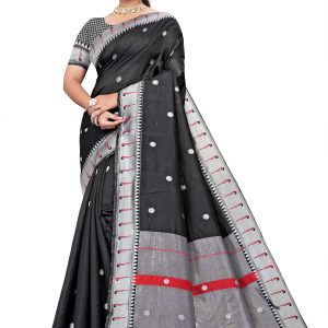 AXONIT Women's Premium Cotton Saree with Silver Zari Butti Weaving with Contrast Red Border with Unstitched Blouse Piece - Black
