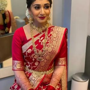 AXONIT Women's Premium Soft Silk Saree with Full Golden Zari Floral Weaving & Zari Border with Unstitched Blouse Piece - Red
