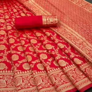 AXONIT Women's Premium Soft Silk Saree with Full Golden Zari Floral Weaving & Zari Border with Unstitched Blouse Piece - Red