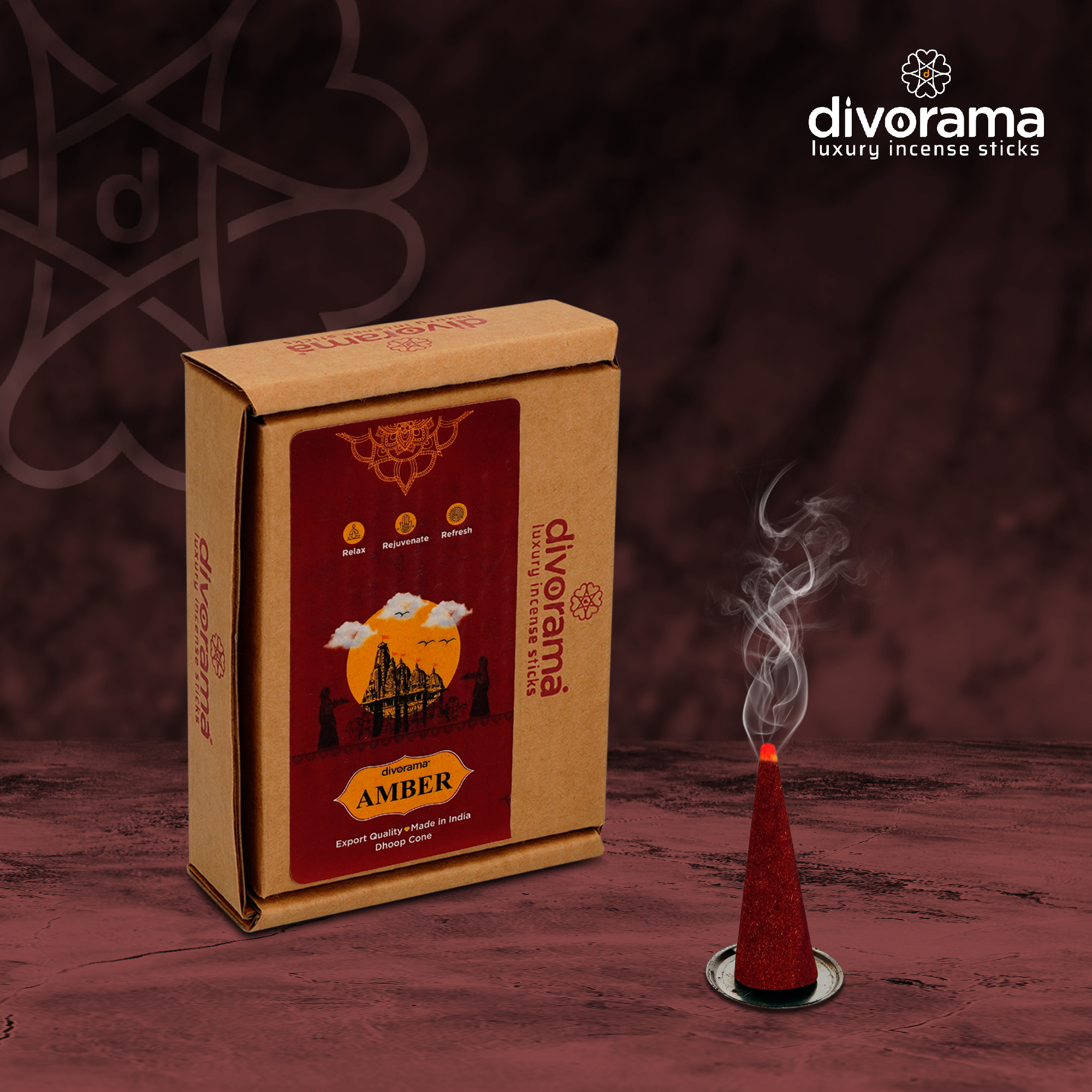DivoRama Premium Amber Dhoop Cones/Amber Dhup Cone – Long Lasting Delicious Scent for Home Fragrance/Meditation/Dhoop for Pooja n Happy Vibes with Free Burner Plate- Pack of 100Gm